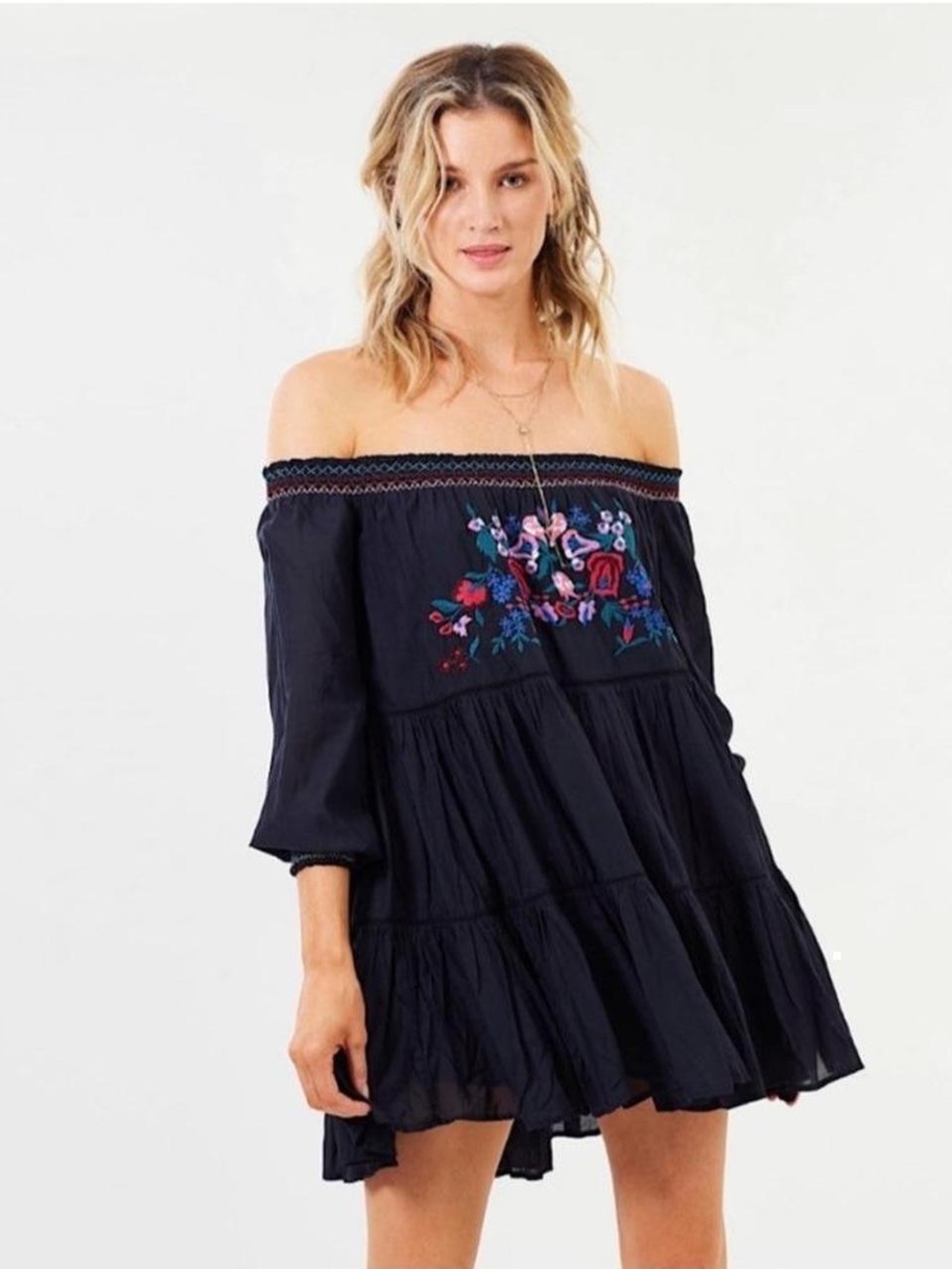 Free People Sunbeam Embroidered Floral Boho Mini Dress‎ Black Medium